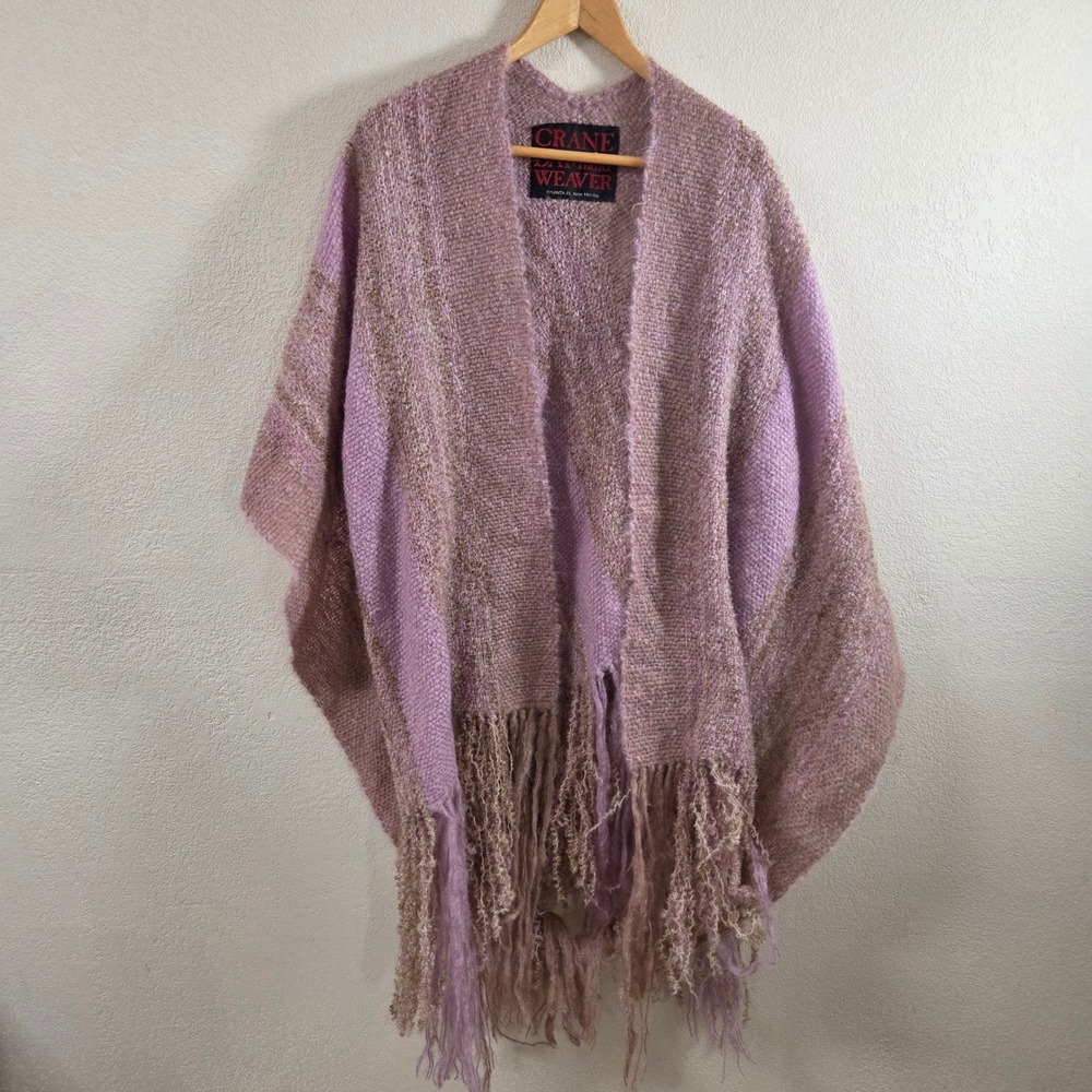 Crane Day Hand Weaver Santa Fe Mohair Wool Fringe Poncho Shawl Lavender Pink